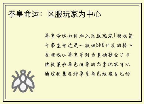 拳皇命运：区服玩家为中心